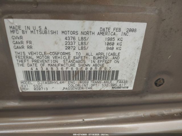 2009 MITSUBISHI GALANT 4A3AB36F69E005597 Photo 8