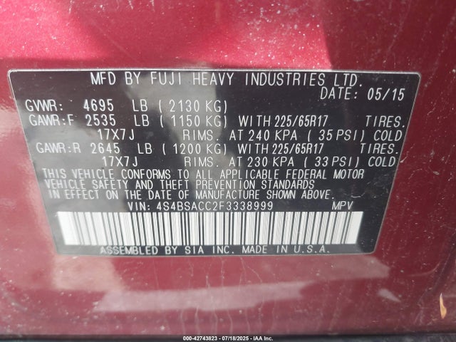 Subaru 2.5l u5 2015 4S4BSACC2F3338999 Image 9