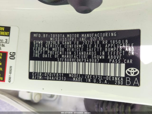 2019 TOYOTA COROLLA 5YFBURHE0KP949087 Photo 8