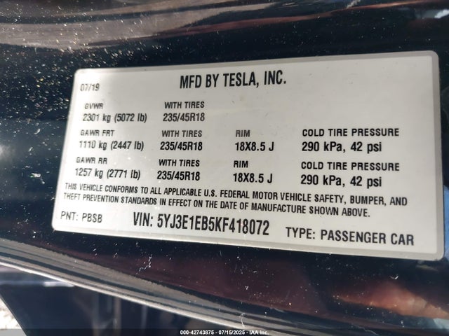 2019 TESLA MODEL 3 5YJ3E1EB5KF418072 Photo 8