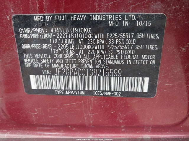 Subaru naturally aspirated 2016 JF2GPADC1G8216599 Image 9