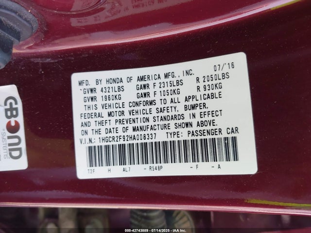 Honda k24w1 2017 1HGCR2F92HA008337 Image 9
