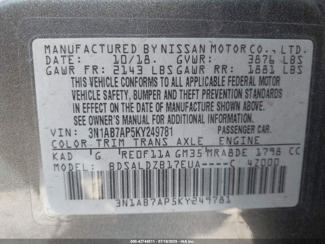 3N1AB7AP5KY249781 Nissan 2019