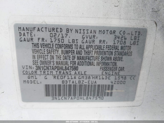 3N1CN7AP0HL847590 Nissan 2017