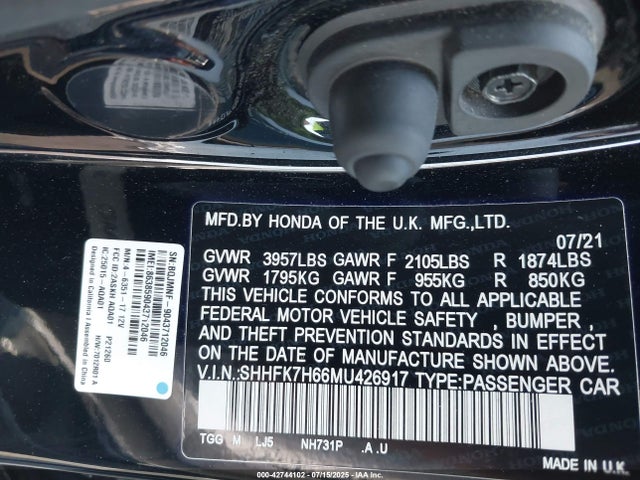 SHHFK7H66MU426917 Honda l15ba