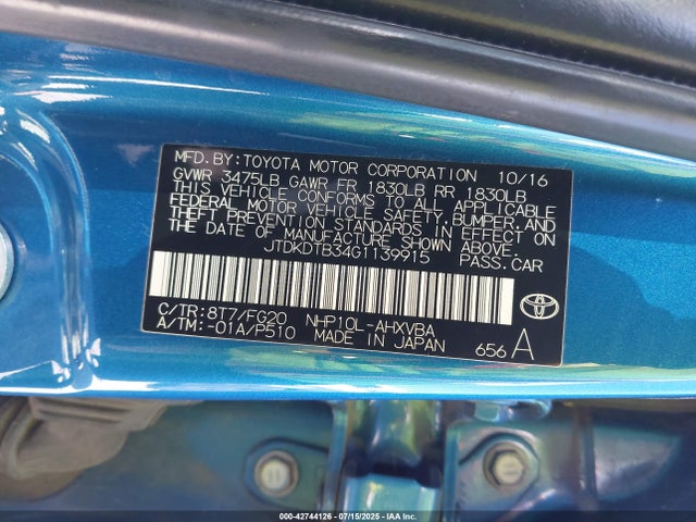 JTDKDTB34G1139915 Toyota 1nz-fxe+1lm