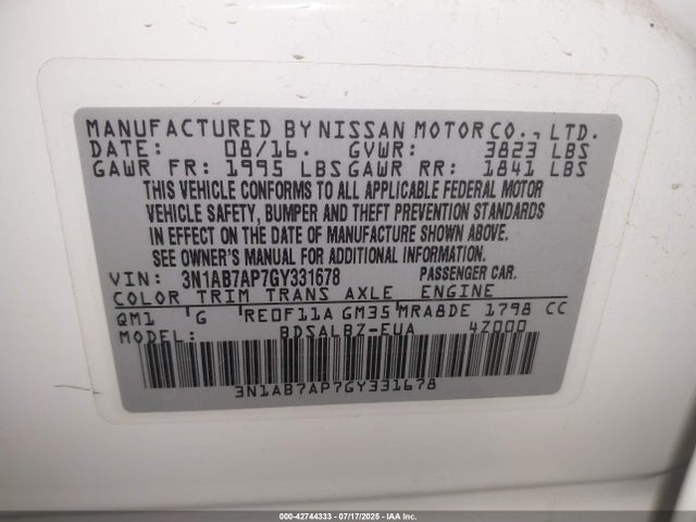 3N1AB7AP7GY331678 Nissan 2016