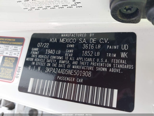 3KPA24AD5NE501908 KIA mpi gamma ii