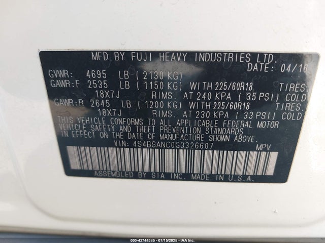 4S4BSANC0G3326607 Subaru 2.5l u5