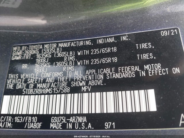 5TDBZRBH8MS157588 Toyota 2gr-fks