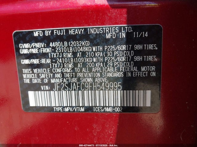 Subaru 2.5na u5 2015 JF2SJAFC9FH549995 Image 9