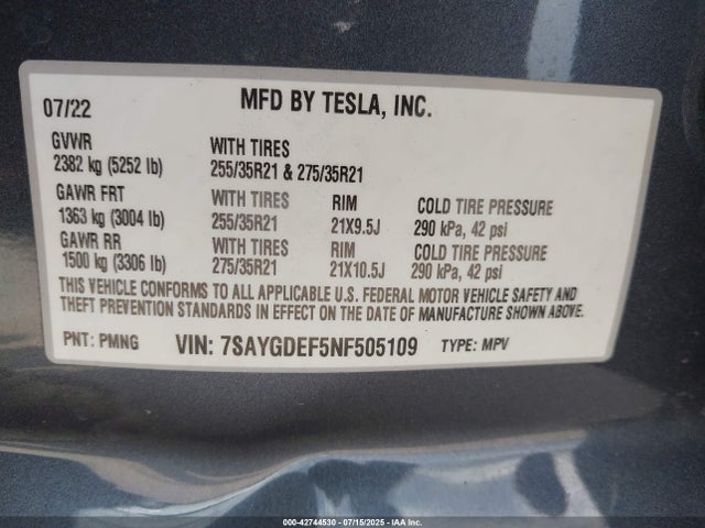 2022 TESLA MODEL Y 7SAYGDEF5NF505109 Photo 8