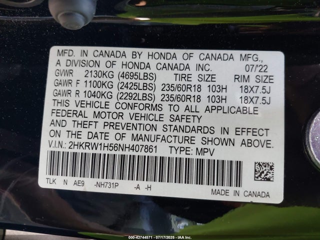 2HKRW1H56NH407861 Honda l15be