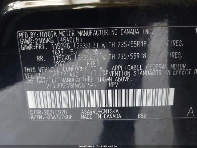 2T3JFREV8HW581542 Toyota 2ar-fe