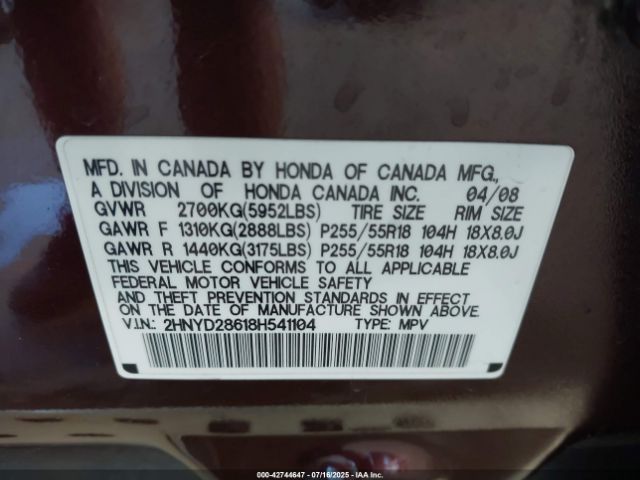 2008 ACURA MDX 2HNYD28618H541104 Photo 8