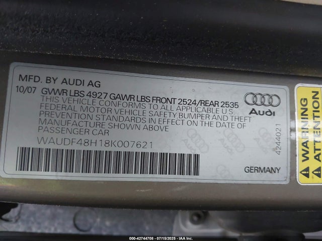 2008 AUDI A4 WAUDF48H18K007621 Photo 8