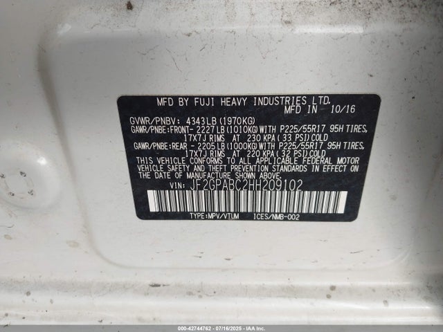 JF2GPABC2HH209102 Subaru naturally aspirated