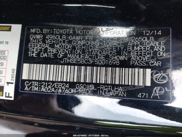 42744882 :رقم المزاد ، JTHSE5BC3F5001698 vin ، 2015 Lexus Rc 350 مزاد بيع