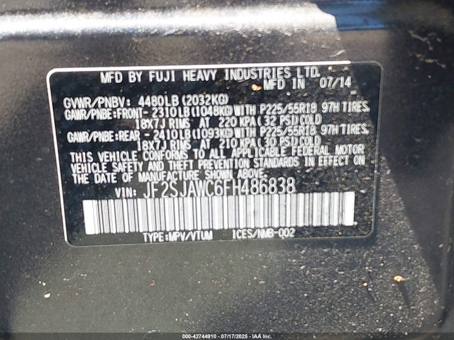 Subaru 2.5na u5 2015 JF2SJAWC6FH486838 Image 9