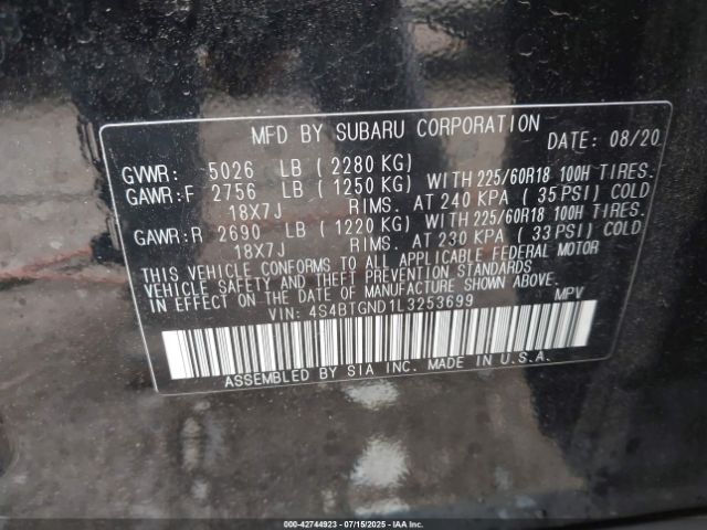 2020 SUBARU OUTBACK 4S4BTGND1L3253699 Photo 8