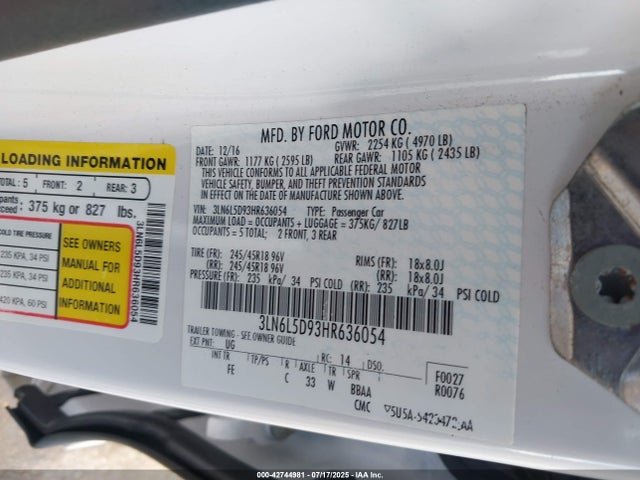 3LN6L5D93HR636054 Lincoln 2.0l gtdi high w/premium fuel