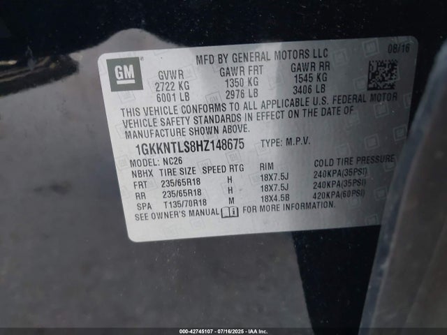 1GKKNTLS8HZ148675 GMC lgx - di: direct injection, vvt: variable valve timing, alum, gen 2
