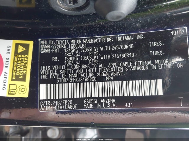 Toyota 2gr-fks 2018 5TDBZRFHXJS488260 Image 9