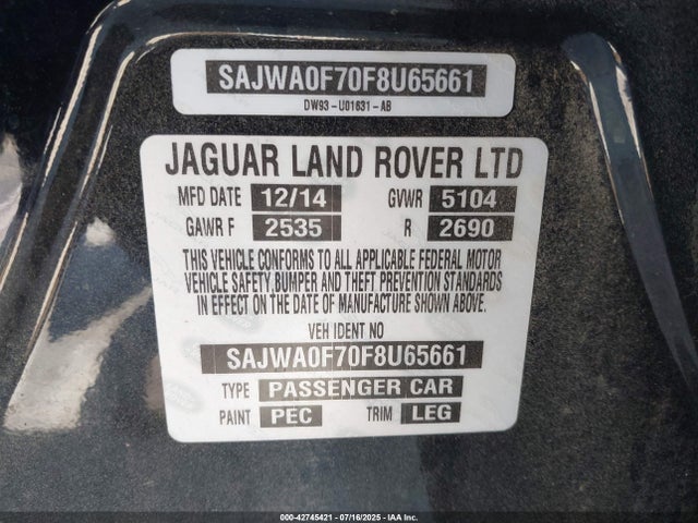SAJWA0F70F8U65661 Jaguar s/c lev3 sulev30