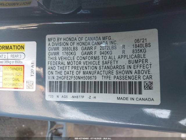 2HGFE2F50NH509679 Honda k20c2