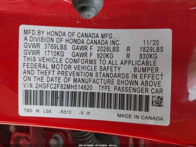 2021 HONDA CIVIC 2HGFC2F82MH514820 Photo 8