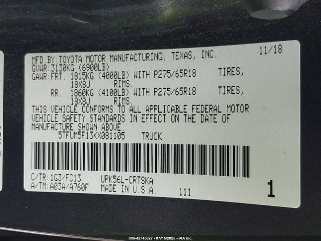 2019 TOYOTA TUNDRA 5TFUM5F13KX081105 Photo 8