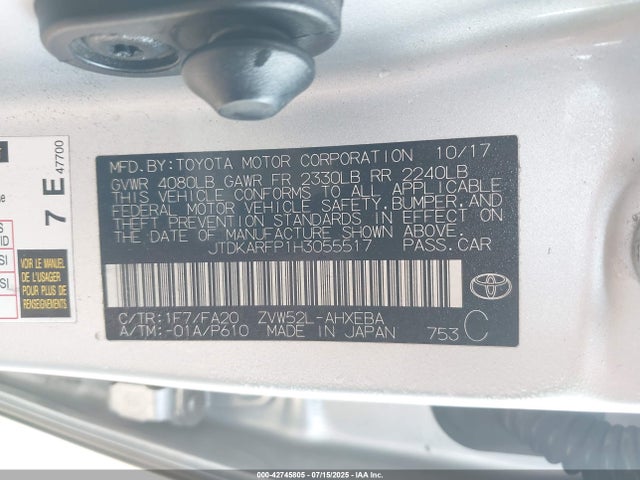 JTDKARFP1H3055517 Toyota 2zr-fxe+1nm