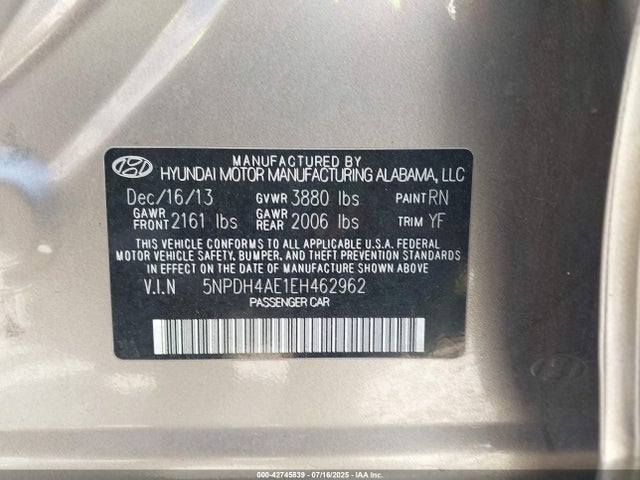 5NPDH4AE1EH462962 Hyundai dohc mpi nu