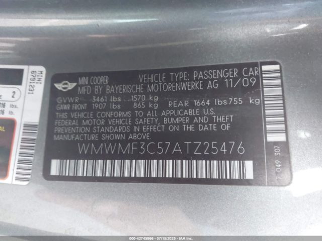 2010 MINI COOPER WMWMF3C57ATZ25476 Photo 8
