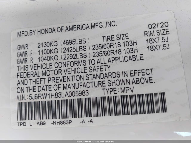 5J6RW1H83LA005983 Honda l15be