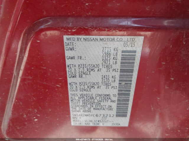 5N1AR2MM5FC673212 Nissan Pathfinder Platinum