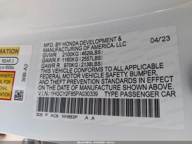 1HGCY2F85PA030339 Honda lfc5