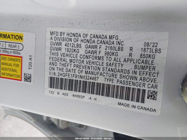 2HGFE1F91NH324487 Honda l15b7