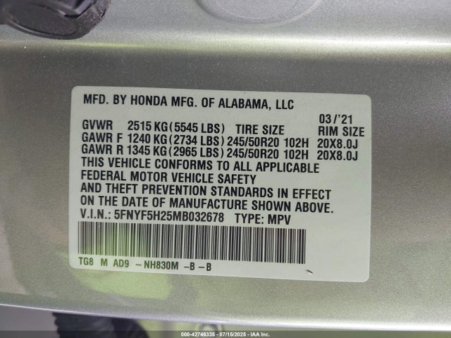 5FNYF5H25MB032678 Honda j35y6