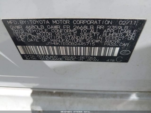2011 LEXUS ES 350 JTHBK1EG0B2445715 Photo 8