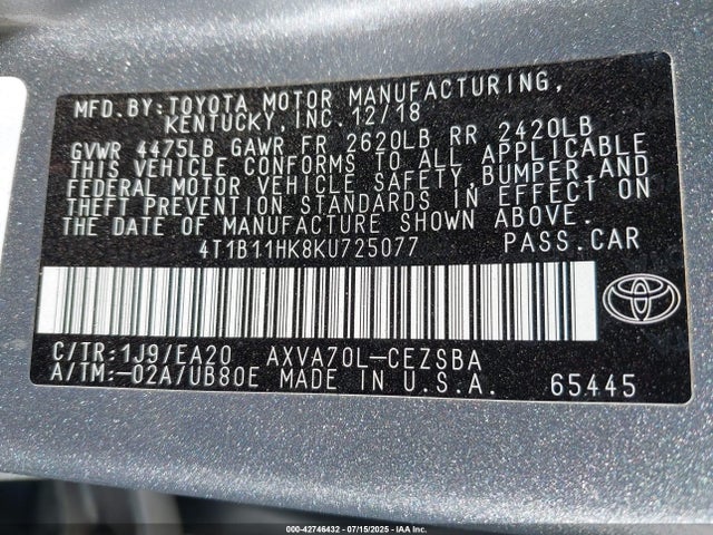 4T1B11HK8KU725077 Toyota a25a-fks