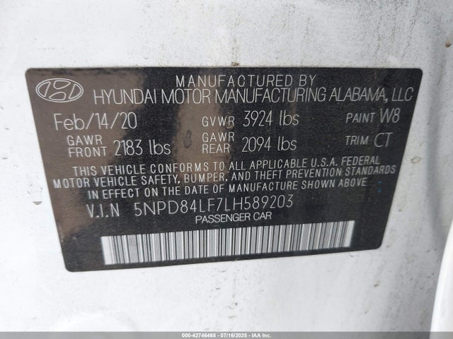 5NPD84LF7LH589203 Hyundai mpi nu