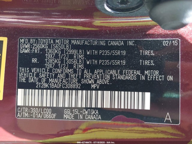 Lexus 2gr-fe 2015 2T2BK1BA0FC308892 Image 9
