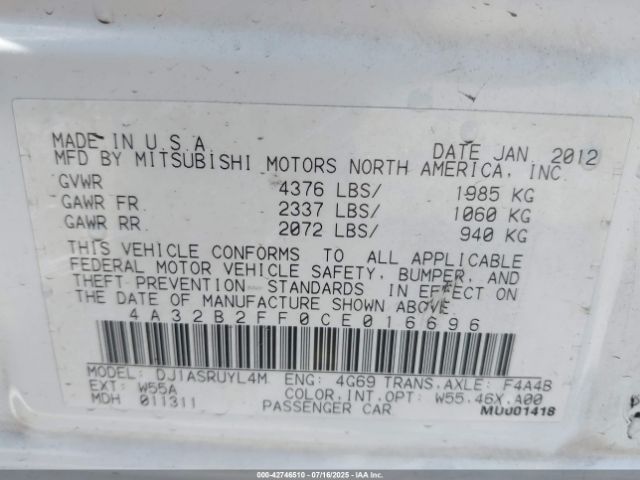 2012 MITSUBISHI GALANT 4A32B2FF0CE016696 Photo 8