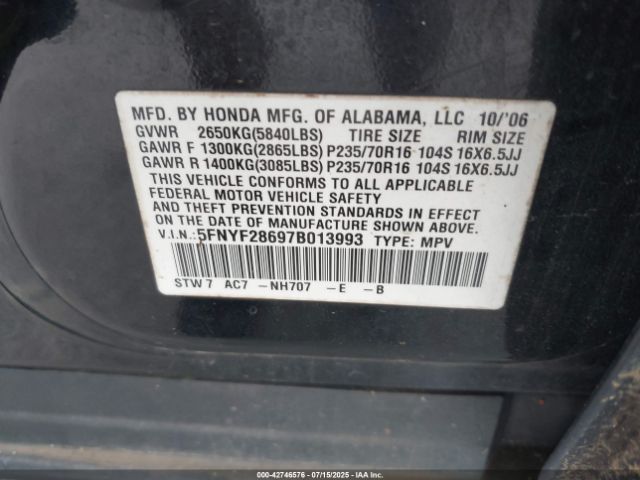 2007 HONDA PILOT 5FNYF28697B013993 Photo 8