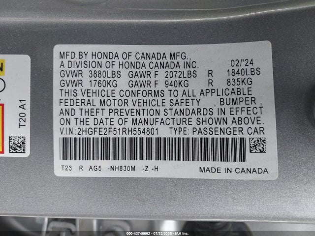 Honda k20c2 2024 2HGFE2F51RH554801 Image 9