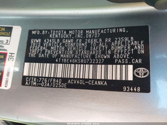 2008 TOYOTA CAMRY 4T1BE46K58U732327 Photo 8