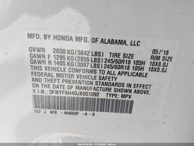 5FNYF6H40JB051092 Honda j35y6