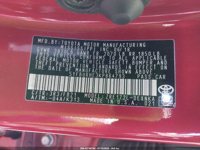 5YFBURHE3KP864793 Toyota 2zr-fe