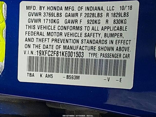 2019 HONDA CIVIC 19XFC2F81KE001503 Photo 8